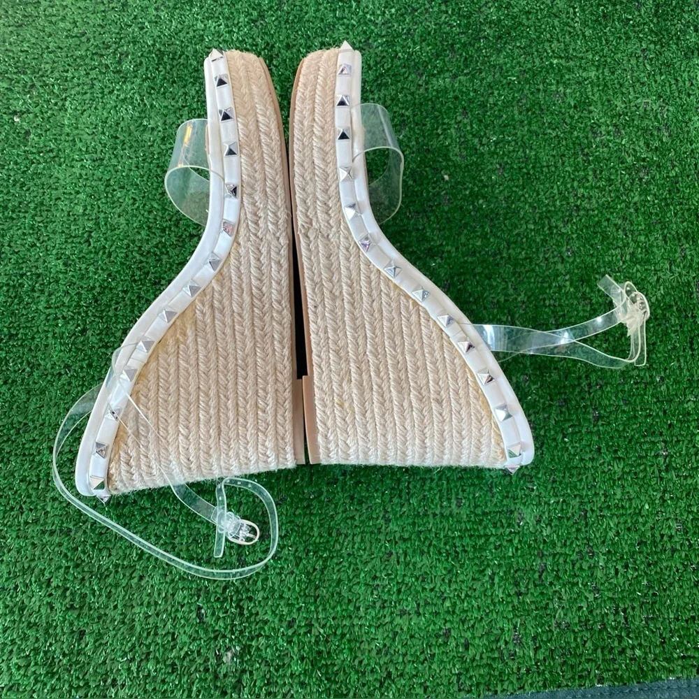 Steven New York by Steve Madden Clear Studded Espadrille Wedge Sandals S-10M K-2